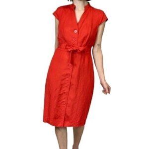 Calvin Klein Linen Blend Red Belted Button Up Sheath Dress Sz 6